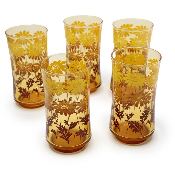 Vintage Libbey Amber Glass Daisy Drinking Glasses Cups 70s Yellow Brown x 5 - Picture 4 of 11